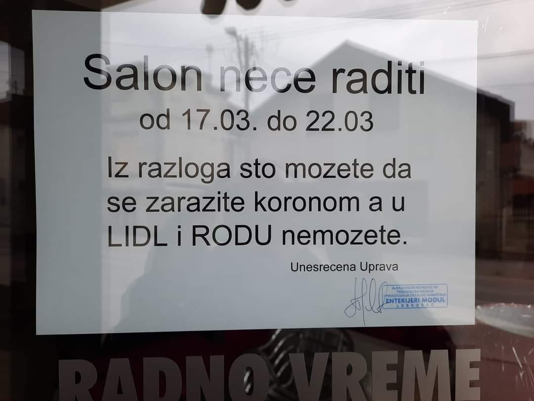 Obaveštenje iz jednog leskovačkog salona nameštaja postalo viralno na internetu
