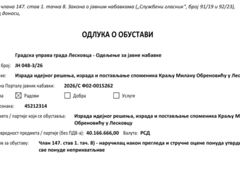 Propao tender za spomenik kralju Milanu u Leskovcu