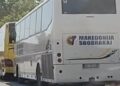 Makedonski autobusi u centru Leskovca pred polazak na SNS skup u Beogradu