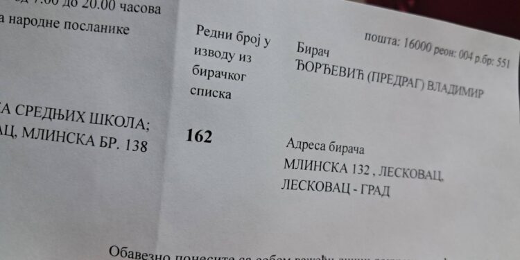 Poziv za glasanje stigao na adresu porodice Đorđević u Leskovcu za sina koji je preminuo pre 16 godina